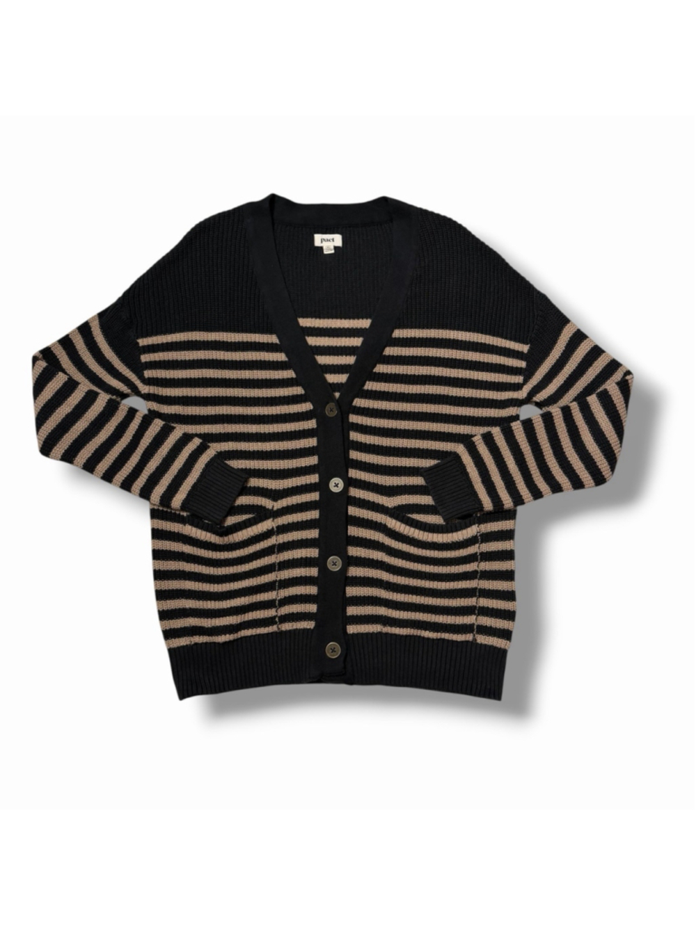 Pact XL Womens Organic Cotton Chunky Knit Cardigan Sweater Black Tan Camel EUC